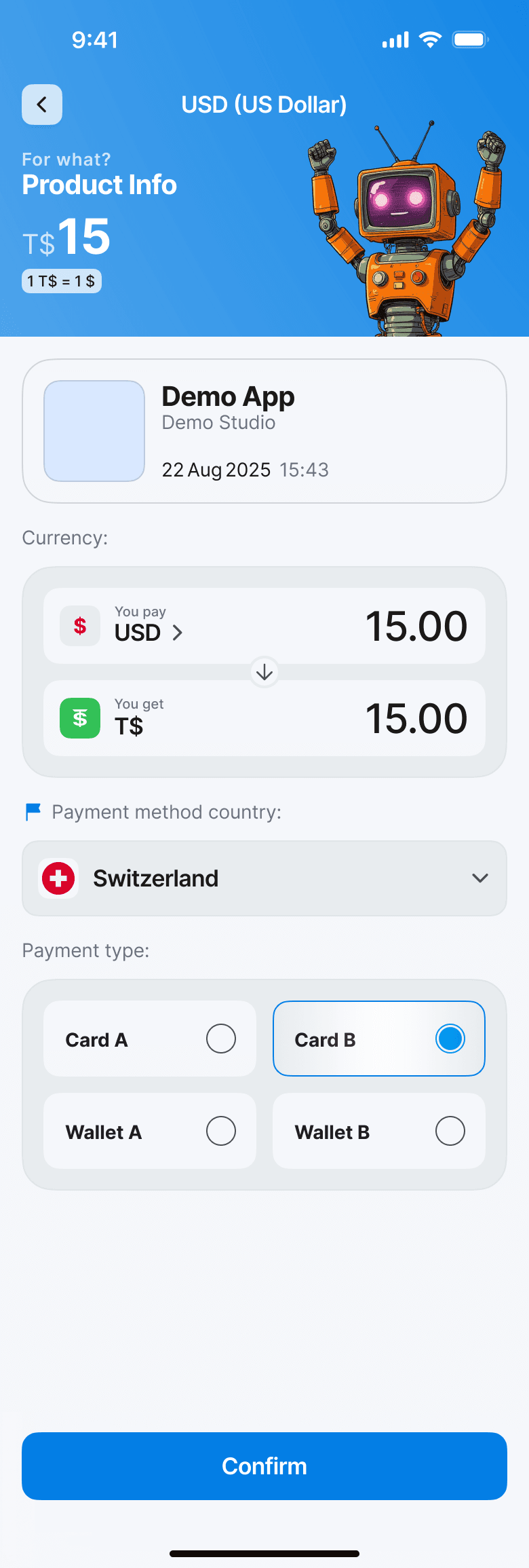 Payment confirmation with demonstration data