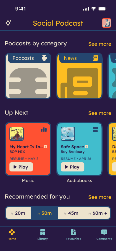 Social Podcast discovery screen